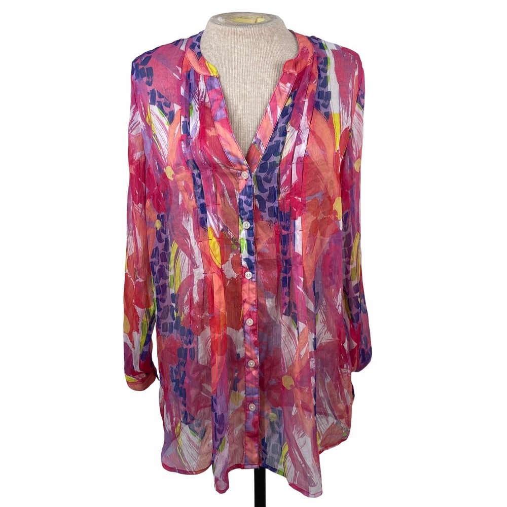 Soft Surroundings Pink Abstract Floral Sheer Button Front Tunic Top PM